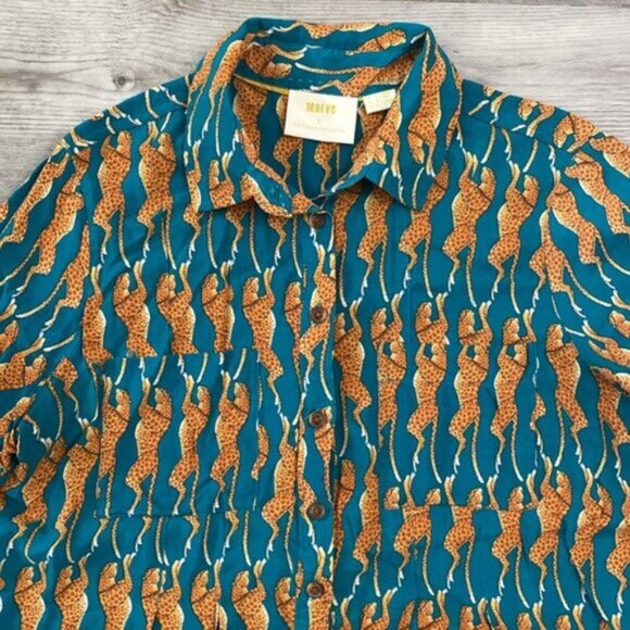 Maeve Anthropologie Cat Animal Print Button Down Womens 2 Green Blouse Shirt Top - Picture 1 of 11